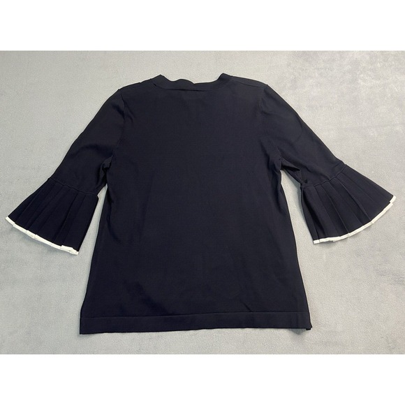 COS Top Pullover Women Medium Navy Knit Pleated Bell Sleeve White Trim Preppy - Picture 2 of 8